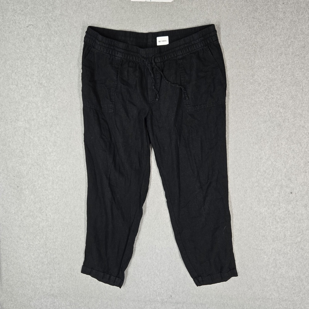 Old Navy Women Pants L Black Linen Blend Straight Mid Rise Drawstring 25" Inseam